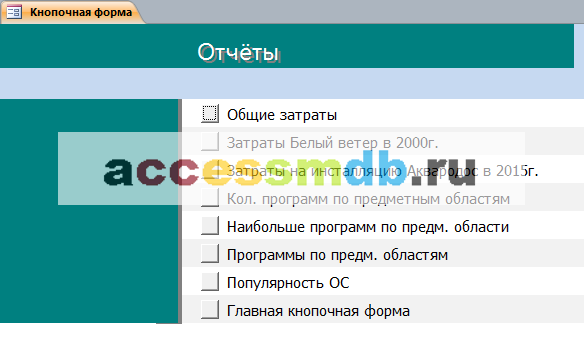 Страницы «Отчёты» главной кнопочной формы готовой базы данных «Программные продукты».