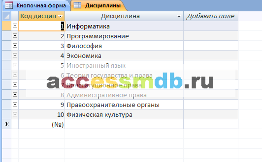 Таблица «Дисциплины» — Готовая база данных Access Сессия
