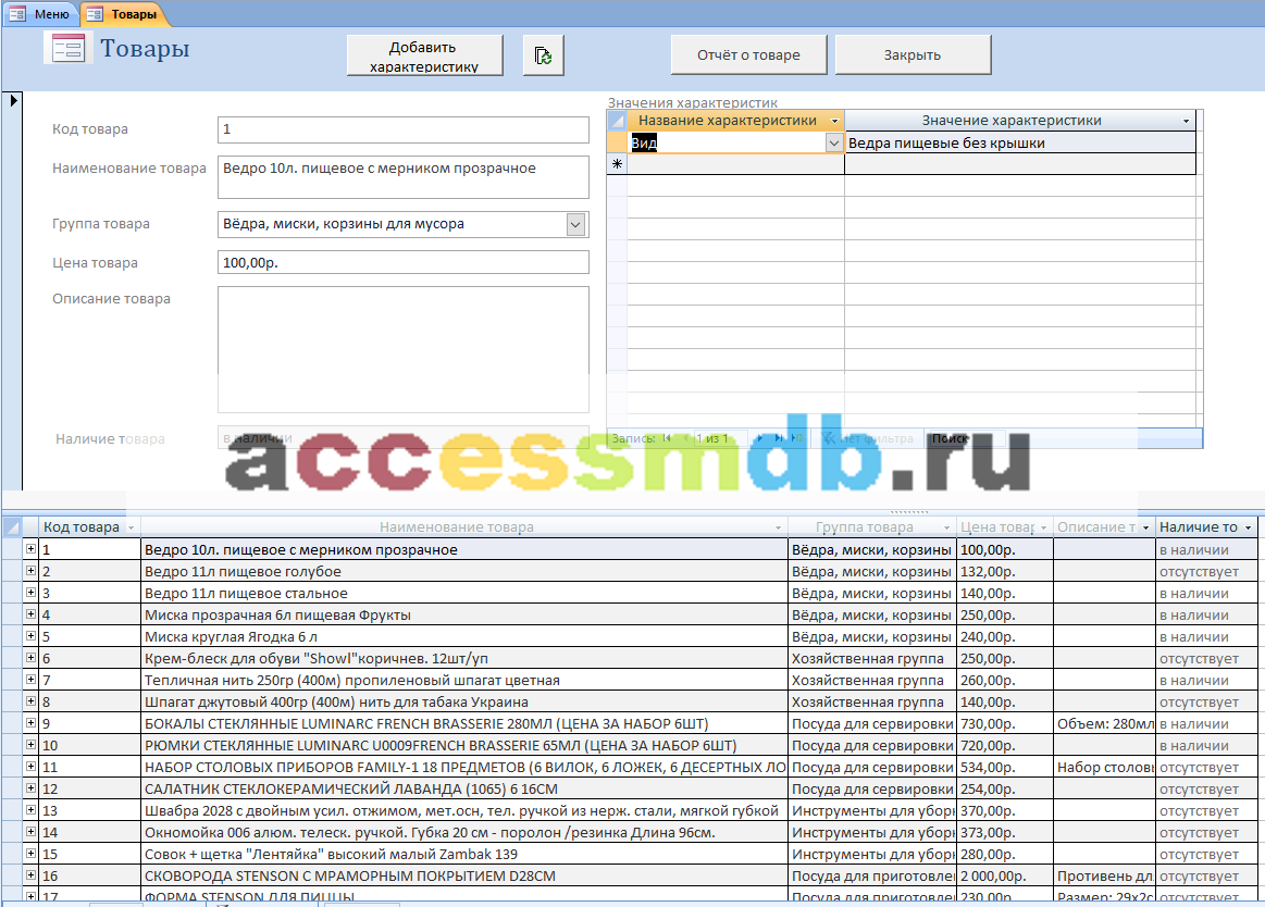 Форма Товары. Готовая база данных Access «Магазин хозяйственных товаров».