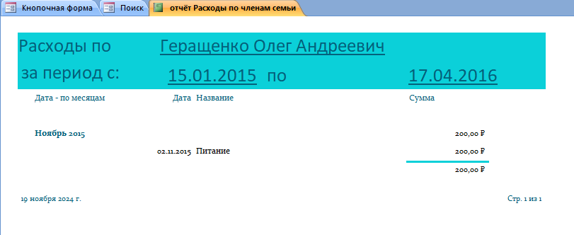 Отчёт о расходах базы данных «Домашняя бухгалтерия» в access.