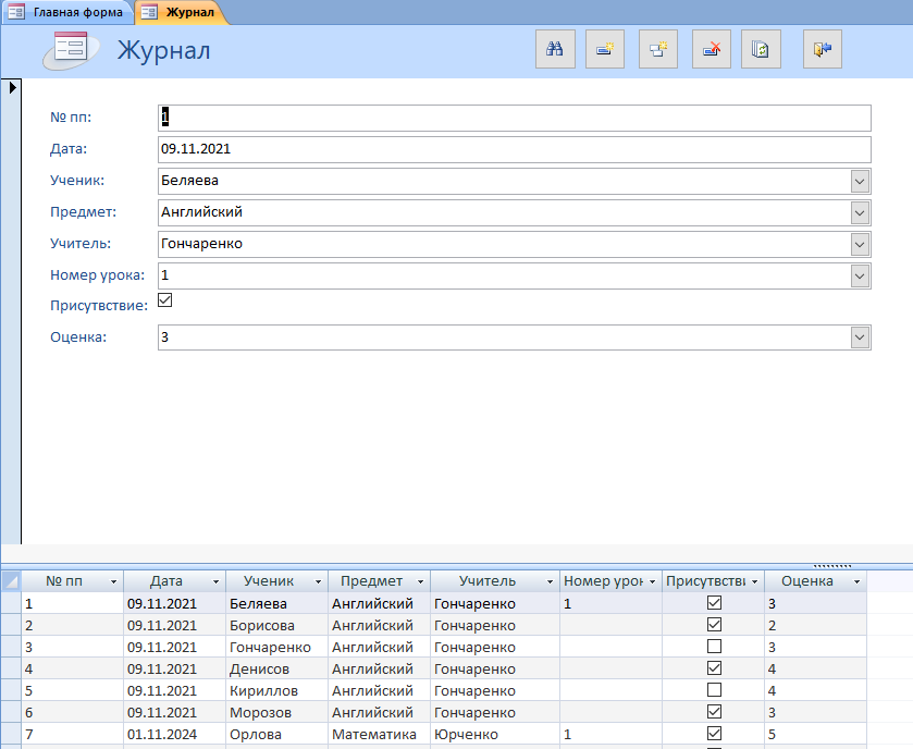 Форма Журнал в готовой базе данных Школьный журнал, Классный журнал, Успеваемость