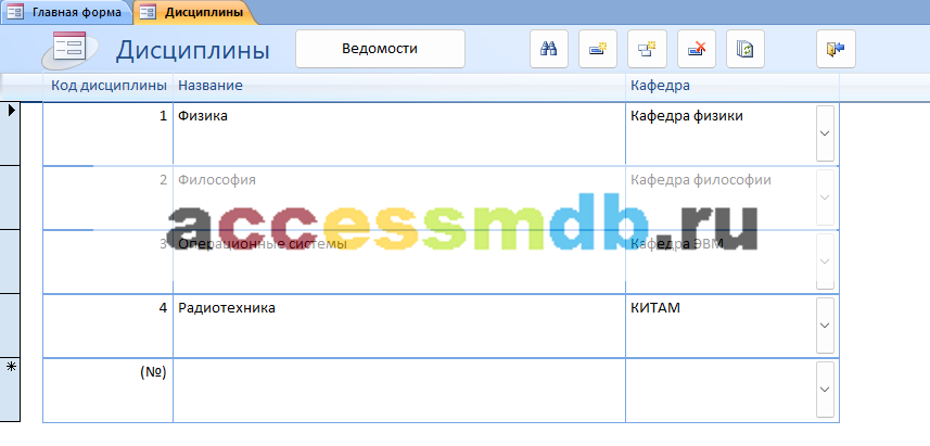 Скачать базу данных access Учёт успеваемости студентов ВУЗа (кафедры). Дисциплины