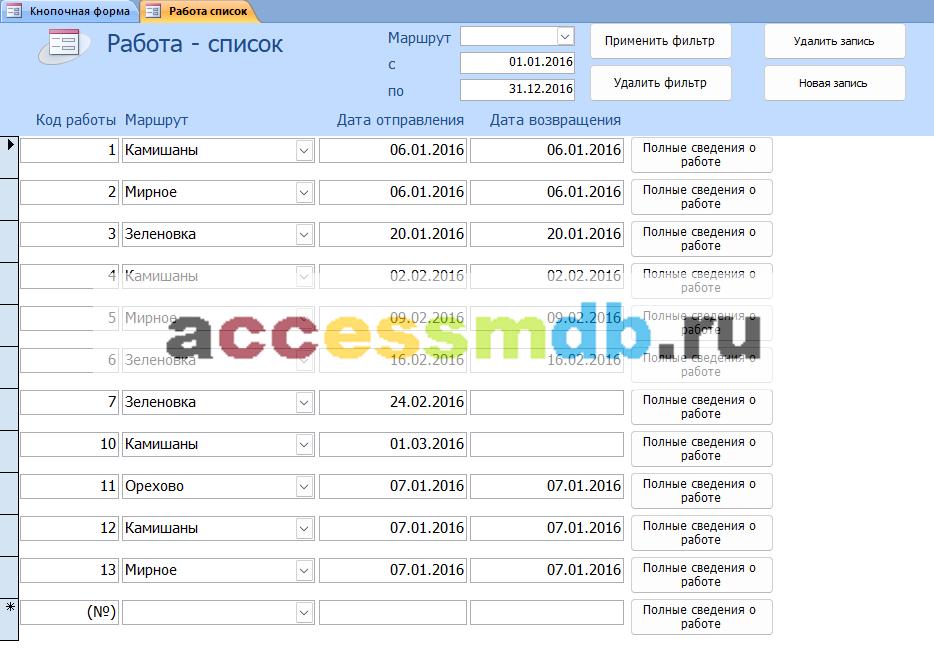 Форма «Работа список» в курсовой базе данных "Грузовые перевозки". 