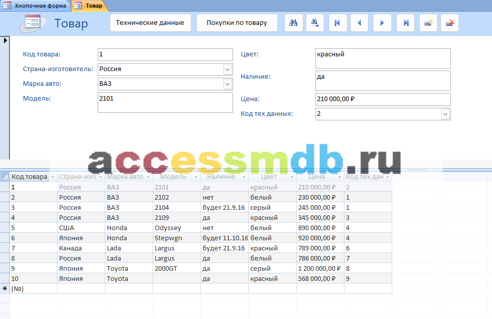 Форма «Товар». Скачать готовую базу данных access «Автосалон».