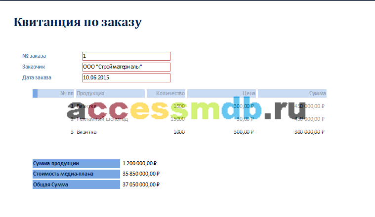 Квитанция по заказу в готовой базе данных для рекламного агентства