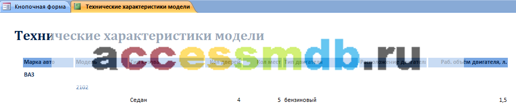 Скачать пример базы данных access «Автосалон». Отчёт «Технические характеристики модели».