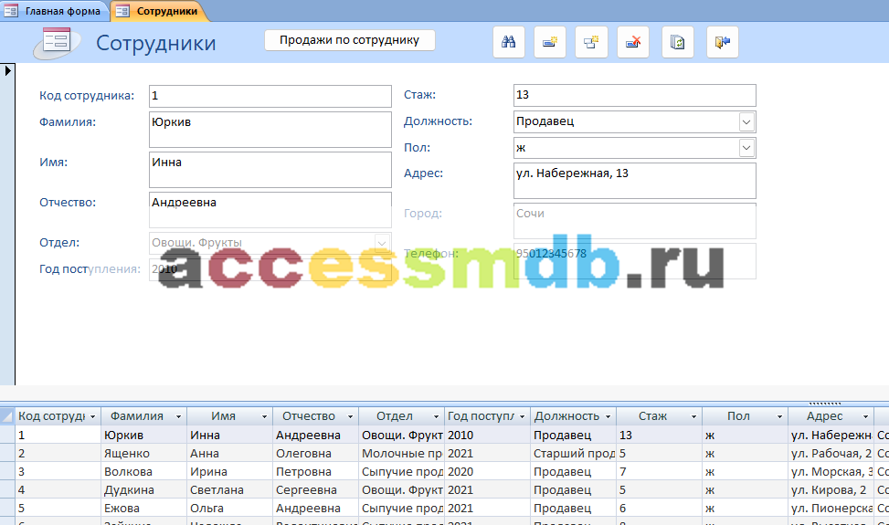 Форма Сотрудники в базе данных access Супермаркет