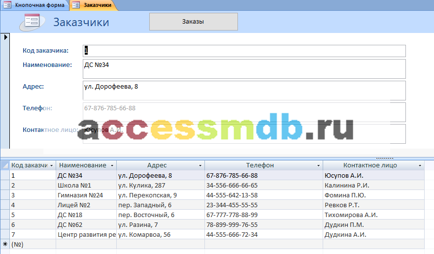 Скачать готовую базу данных аксесс "Ведение заказов". Форма «Заказчики».