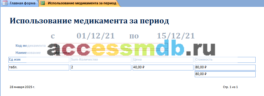 Скачать базу данных access Ветеринарная клиника. Использование медикамента за период
