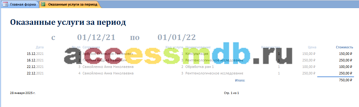 Скачать базу данных access Ветеринарная клиника. Оказанные услуги за период