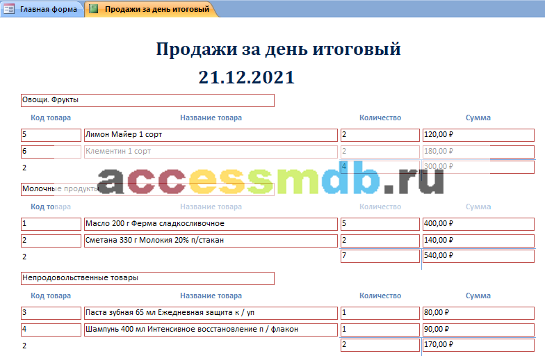 Скачать курсовую в access для Супермаркета. Отчёт Продажи за день итоговый
