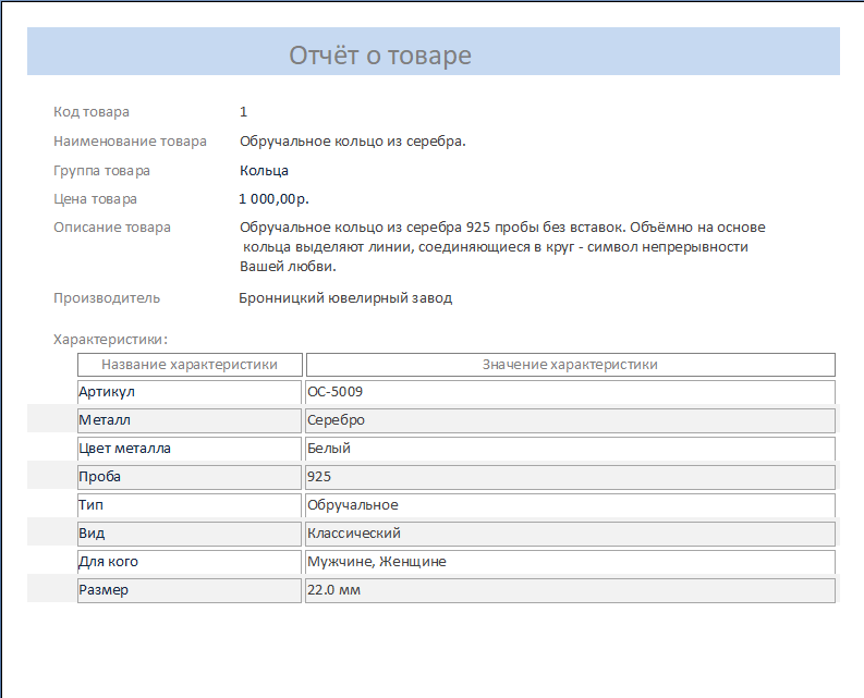 Готовая база данных Access «Магазин ювелирных изделий». Отчёт о товаре