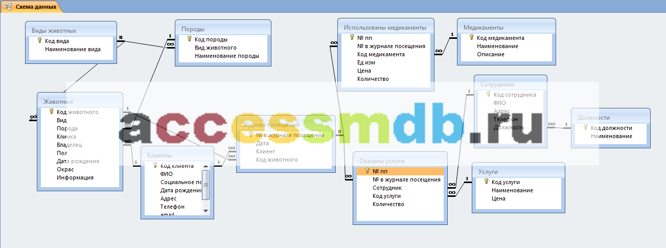 Схема готовой базы данных «Ветеринарная клиника» отображает связи таблиц: Должности, Услуги, Сотрудники Медикаменты, Оказаны услуги, Использованы медикаменты, Журнал посещений, Породы, Клиенты, Виды животных, Животные.