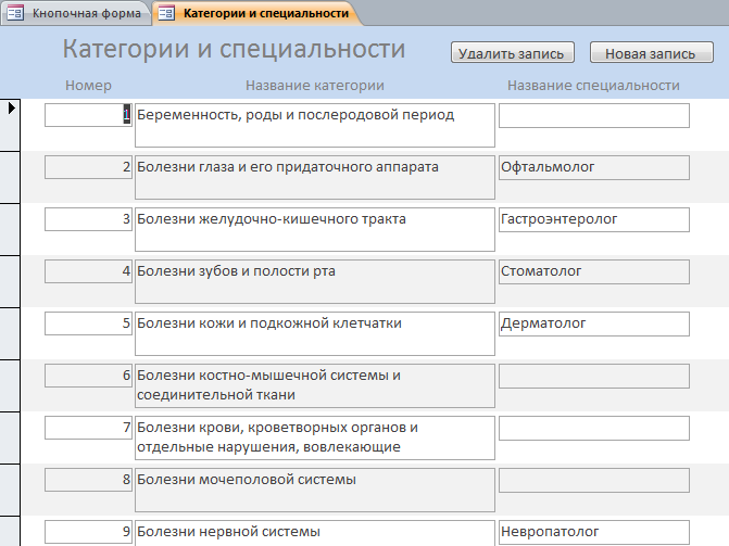 Скачать курсовую базу данных access Поликлиника. Форма «Категории и специальности»