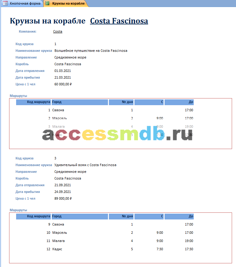 Готовая база данных Access «Пассажирское судоходство» (Круизные лайнеры). Отчёт Круизы на корабле